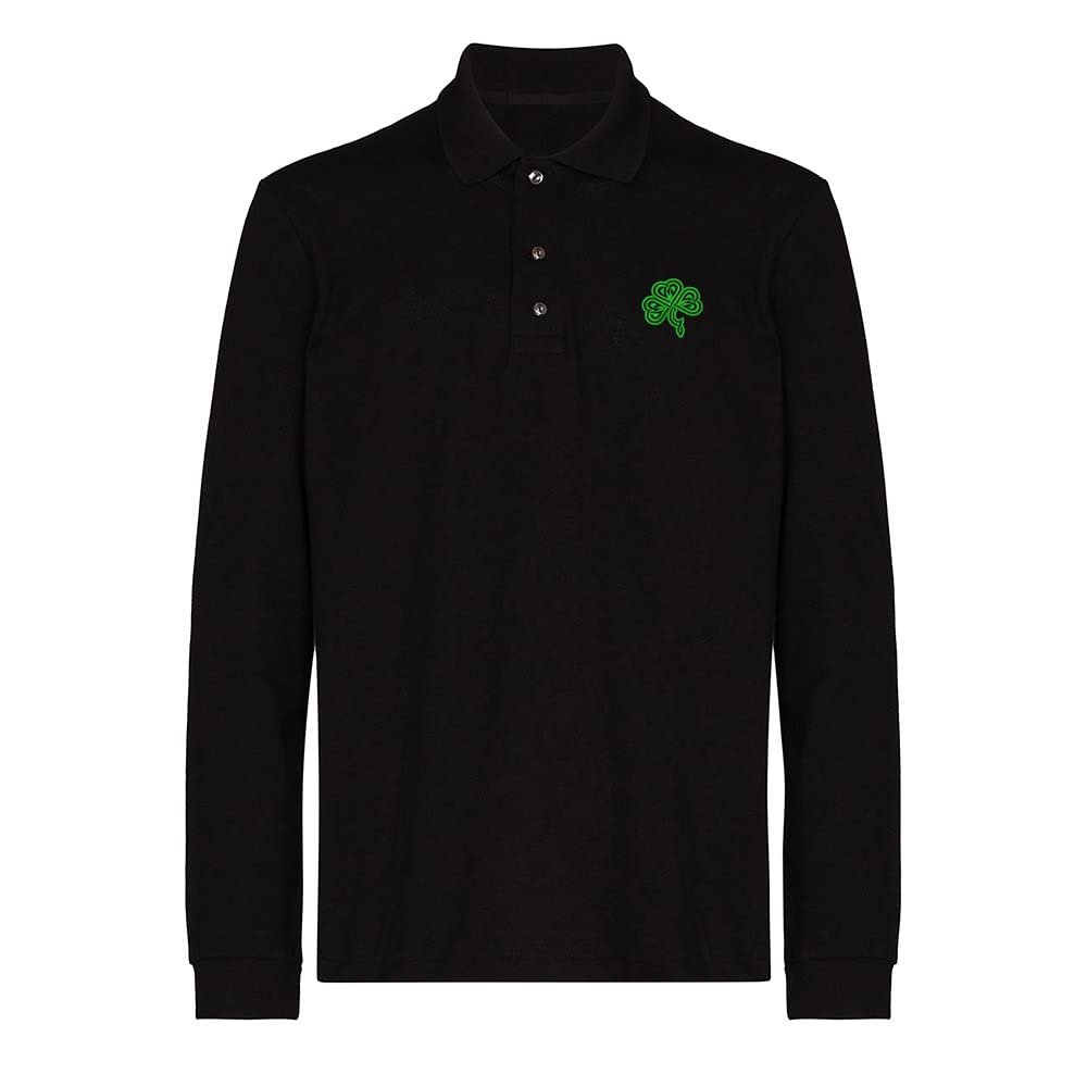 L8502-LXYB Polo Shirts for Men Celtic Knot Irish Shamrock Embroidered Long Sleeve Mens Polo Shirts (Black,Large,Large)