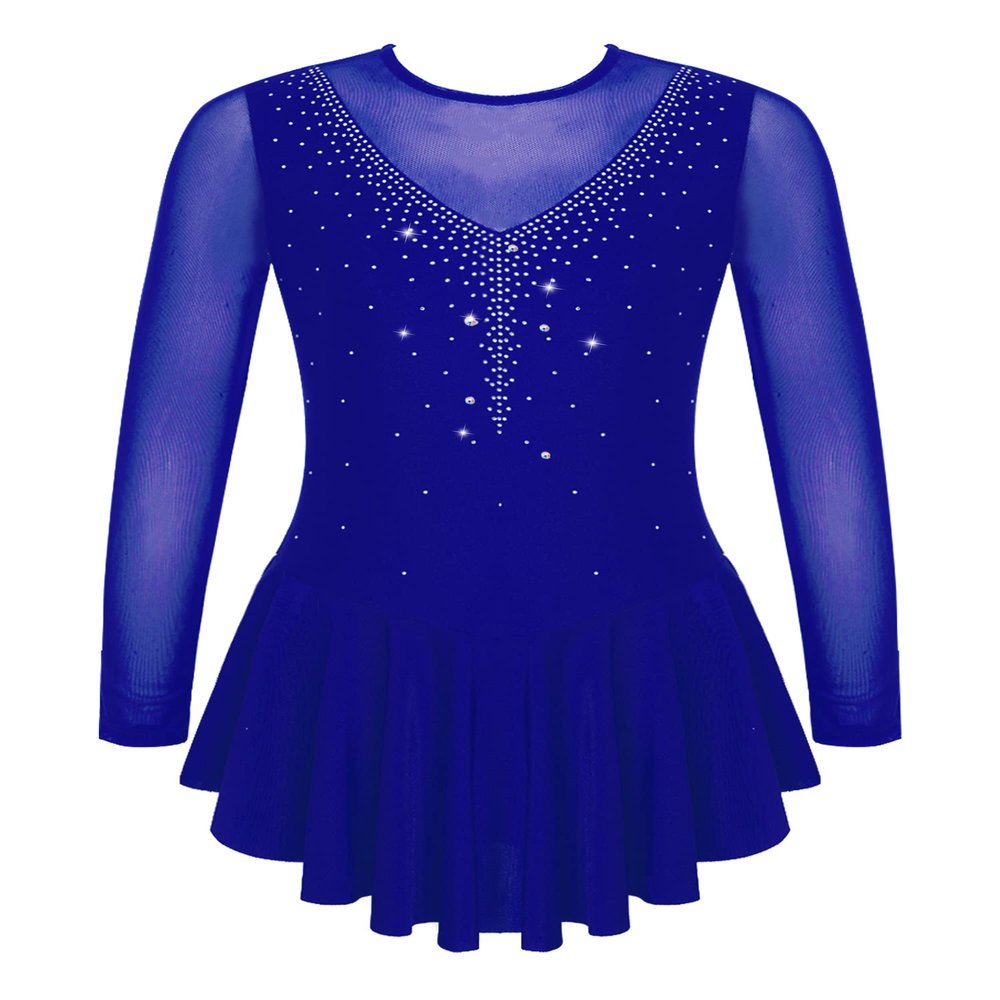 JanJean Kids Girls Long Sleeve Sparkly Ice Skating Dress Rhinestone Mesh Splice Gymnastics Leotard Dress Dancewear Sky 12 Years