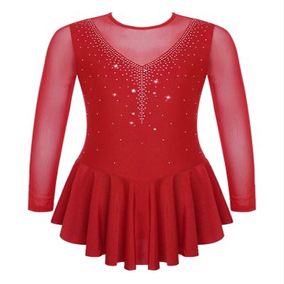 JanJean Kids Girls Long Sleeve Sparkly Ice Skating Dress Rhinestone Mesh Splice Gymnastics Leotard Dress Dancewear Red 10 Years