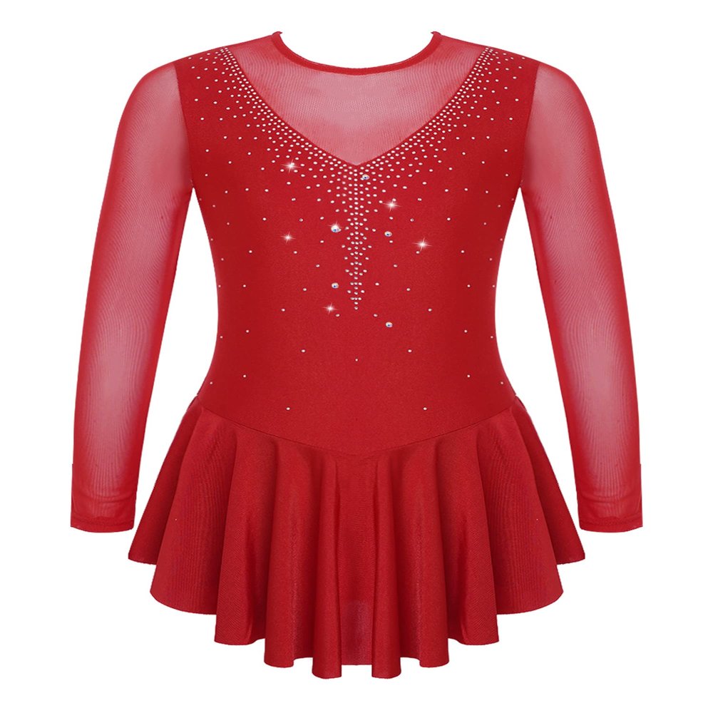 JanJean Kids Girls Long Sleeve Sparkly Ice Skating Dress Rhinestone Mesh Splice Gymnastics Leotard Dress Dancewear Red 10 Years
