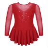 JanJean Kids Girls Long Sleeve Sparkly Ice Skating Dress Rhinestone Mesh Splice Gymnastics Leotard Dress Dancewear Red 10 Years view 1
