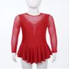 JanJean Kids Girls Long Sleeve Sparkly Ice Skating Dress Rhinestone Mesh Splice Gymnastics Leotard Dress Dancewear Red 10 Years view 3