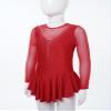 JanJean Kids Girls Long Sleeve Sparkly Ice Skating Dress Rhinestone Mesh Splice Gymnastics Leotard Dress Dancewear Red 10 Years view 4