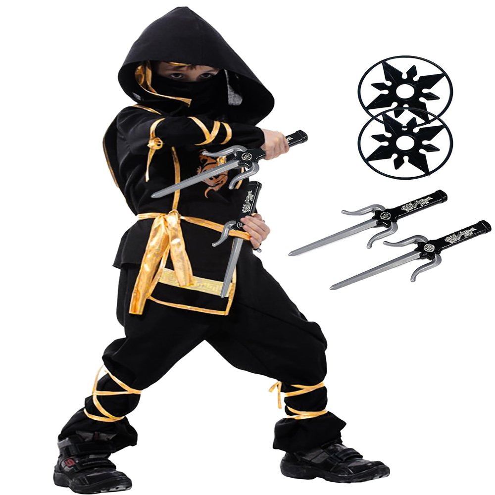 Nabobs Kids Ninja Costume - Dragon Ninja Set with Plastic Toy Accessories for Halloween Boys Girls Cosplay