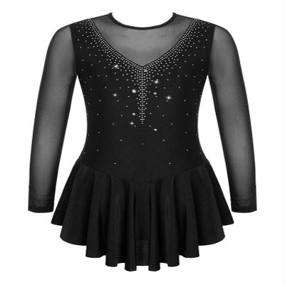 JanJean Kids Girls Long Sleeve Sparkly Ice Skating Dress Rhinestone Mesh Splice Gymnastics Leotard Dress Dancewear Black A 16 Years
