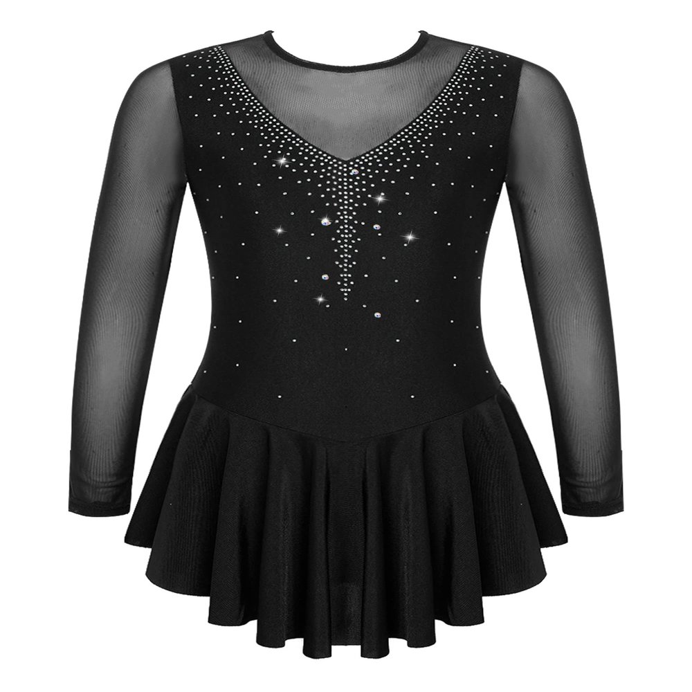 JanJean Kids Girls Long Sleeve Sparkly Ice Skating Dress Rhinestone Mesh Splice Gymnastics Leotard Dress Dancewear Black A 16 Years