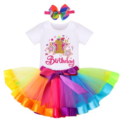 Baby Girl Toddler Infant Watermelon Cake Smash Outfits 3PCS Long Sleeve Romper Rainbow Skirt Set with Bowknot Hanband 1st Birthday Outfits Party Dress Up Star-1st 1Y