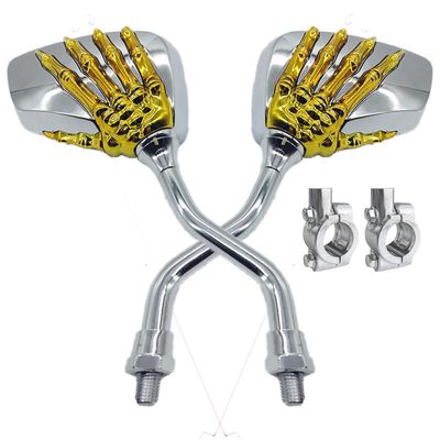 Pairs of Distinctive Skull Skeleton Hand Bike Mirror, Bicycle Mirrors for Handlebars with Mount Holder Clamp Adaptor 10mm for Scooter Moped Bike Standard Bike Motorcycle (Gold)