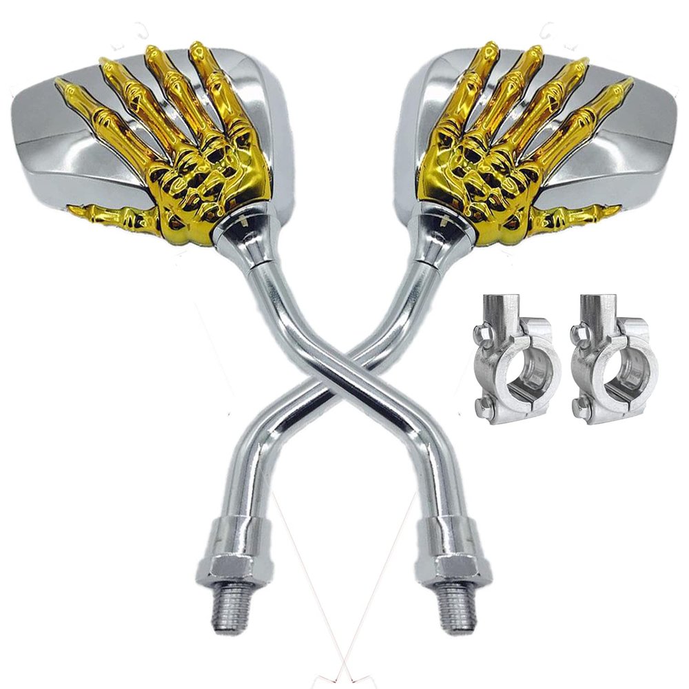 Pairs of Distinctive Skull Skeleton Hand Bike Mirror, Bicycle Mirrors for Handlebars with Mount Holder Clamp Adaptor 10mm for Scooter Moped Bike Standard Bike Motorcycle (Gold)