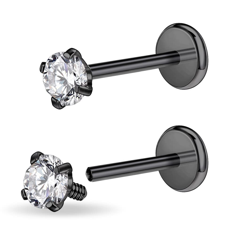 PunkTracker 16g/18g Surgical Steel Internal Thread CZ Stud Piercing Jewelry for Tragus/Nose/Helix/Conch/Medusa/Lip/Labret - Helix Tragus Cartilage Earring for Women Men 2PCS