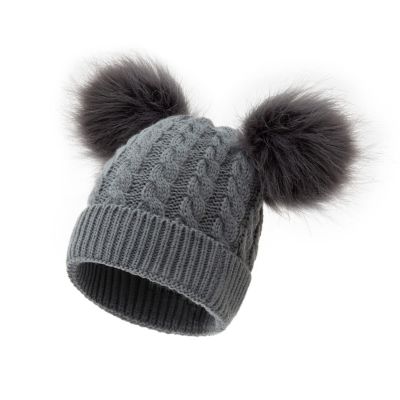 JOFOW Winter Cap Cotton Knitted Girls Faux Pom Kids Hat Hat Lined Baby Boys Toddler Hat Hats Winter Headgear Men Grey