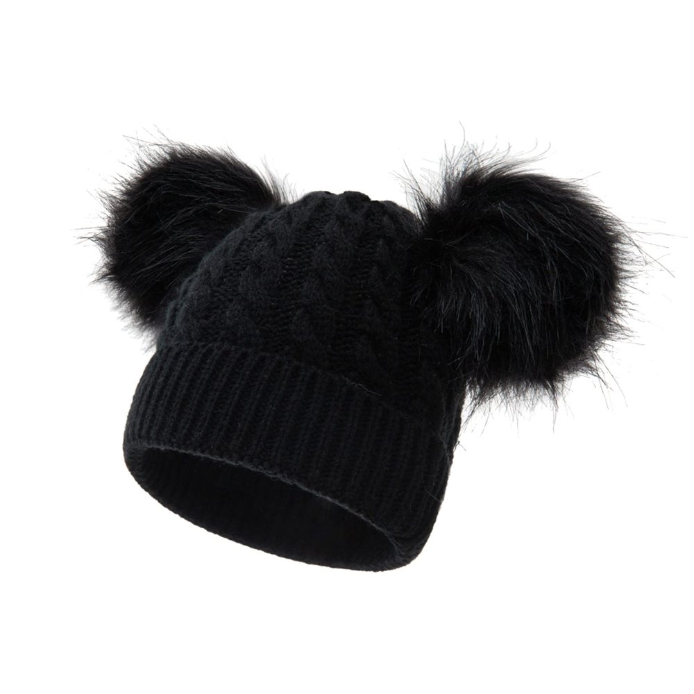 JOFOW Winter Cap Cotton Knitted Girls Faux Pom Kids Hat Hat Lined Baby Boys Toddler Hat Hats Winter Headgear Men Black