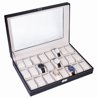 Watch Box Case 24 Slots Single Layer Storage Organizer Leather Watch Box w/ Glass Top Lid, Removable Watch Pillow Great for Watch Collection, Display Watch w/ Lock & Key for Men and Women BLACK