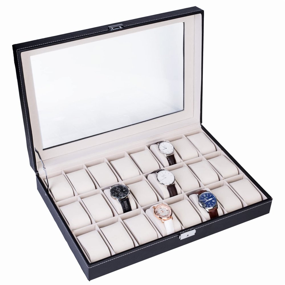 Watch Box Case 24 Slots Single Layer Storage Organizer Leather Watch Box w/ Glass Top Lid, Removable Watch Pillow Great for Watch Collection, Display Watch w/ Lock & Key for Men and Women BLACK