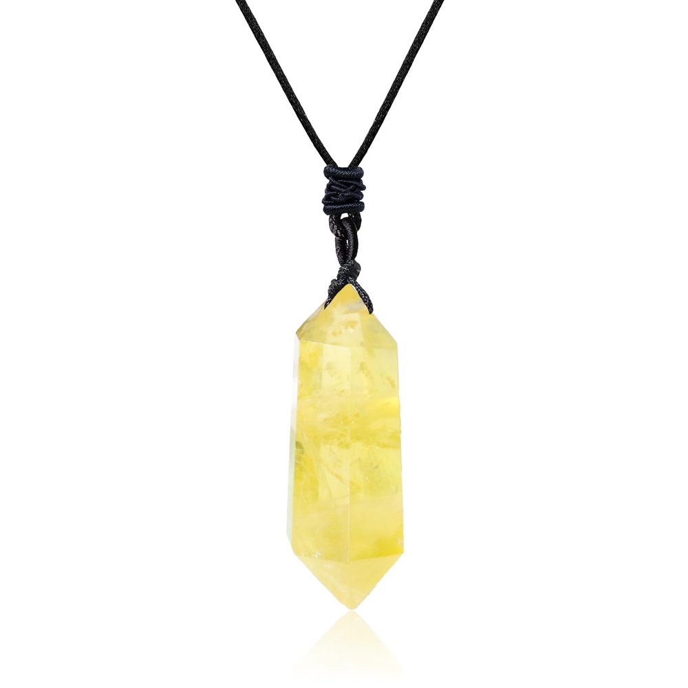 Apengshi Natural Healing Citrine Double Pointed Pendants Natural Crystal Quartz Necklace 6 Faceted Chakra Crystal Wand Energy Stone Necklace Pendant Meditation Balance Reiki