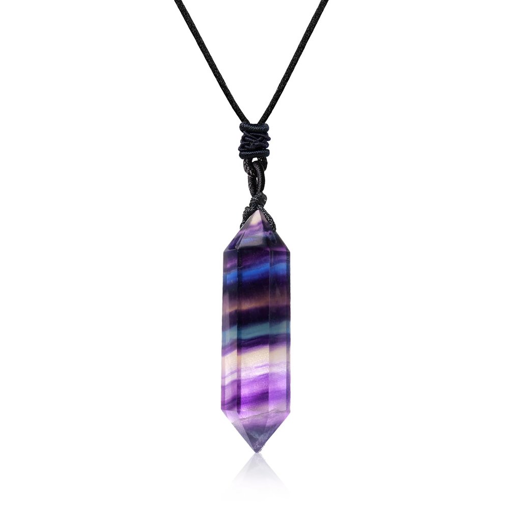 Apengshi Natural Crystal Rainbow Fluorite Double Pointed Pendants Healing Crystal Quartz Necklace 6 Faceted Chakra Energy Stone Meditation Balance Reiki Gifts