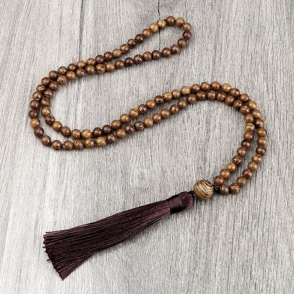108 Mala Prayer Necklace 6mm Red Natural Stone Beaded Tassel Ethnic Necklace Women Men Yoga Jewelry Gift,Wooden Bead