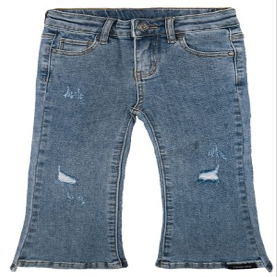 KIDSCOOL SPACE Little Girls Jeans,Ripped Holes Stretchy Bell-Bottom Slim Boot Cut Denim Pants,Blue,3-4 Years