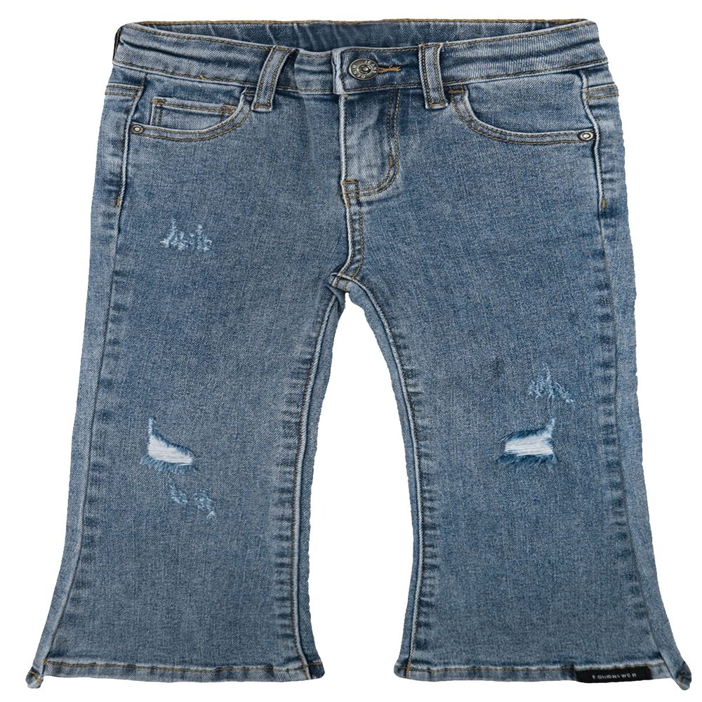 KIDSCOOL SPACE Little Girls Jeans,Ripped Holes Stretchy Bell-Bottom Slim Boot Cut Denim Pants,Blue,3-4 Years