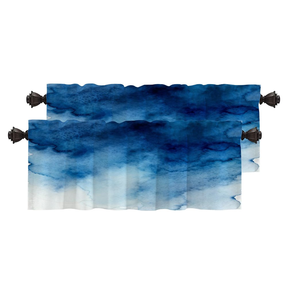 BaoNews Blue Grey Watercolor Ombre Blue Kitchen Valances for Windows, Blackout Valances Curtains Multilayer Polyester Drapes for Kitchen Bedroom 2 Pack 52X16 Inches