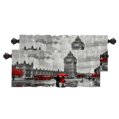 BaoNews Oil Painting Canvas Kitchen Valances for Windows,Street View of London River Bus Bridge Blackout Valances Curtains Multilayer Polyester Drapes for Kitchen Bedroom 2 Pack 52X16 Inches
