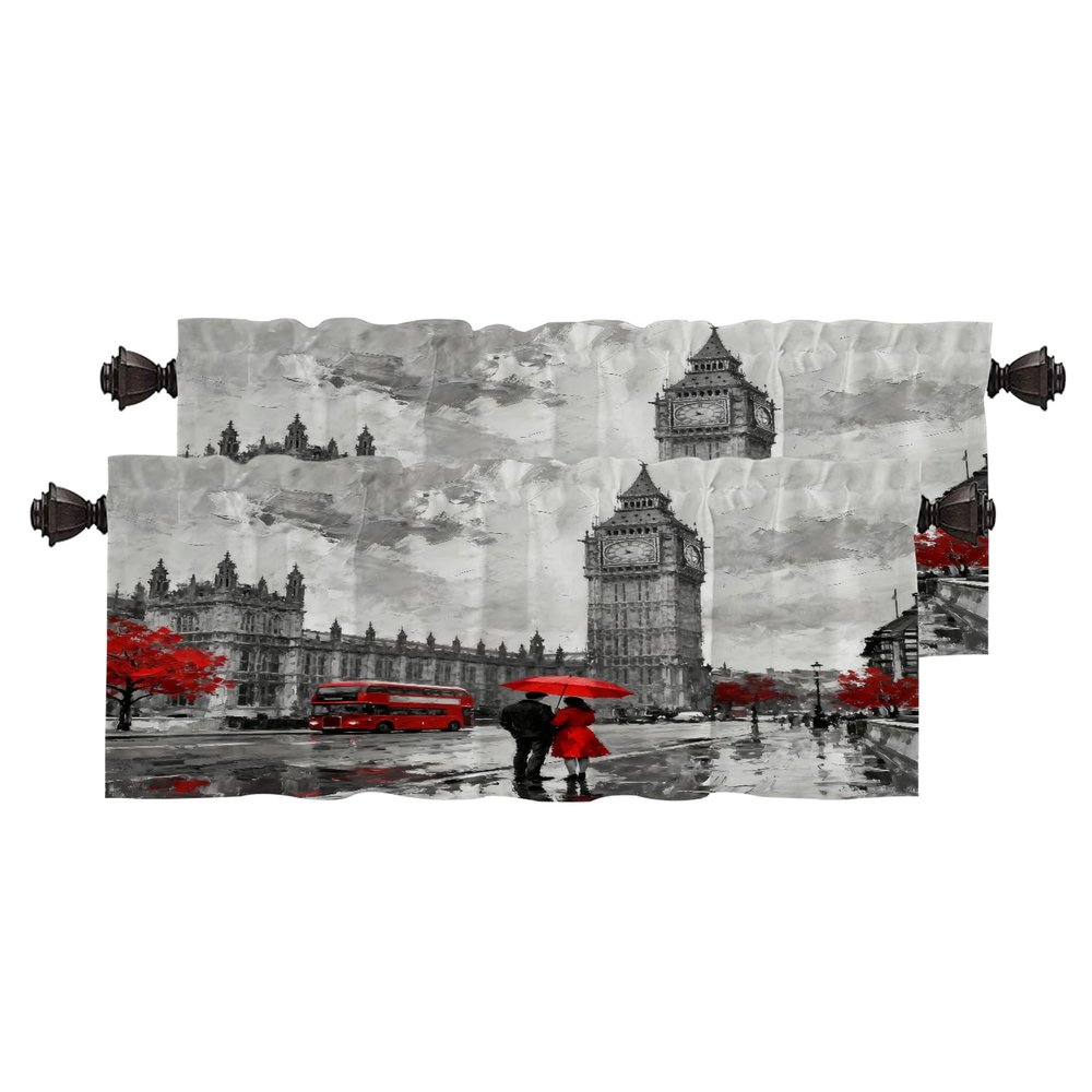 BaoNews Oil Painting Canvas Kitchen Valances for Windows,Street View of London River Bus Bridge Blackout Valances Curtains Multilayer Polyester Drapes for Kitchen Bedroom 2 Pack 52X16 Inches