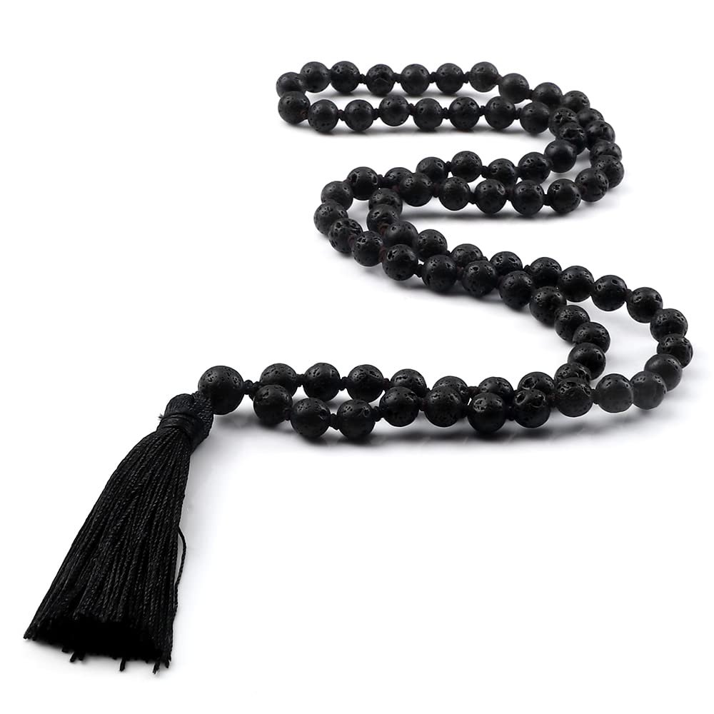 8mm Shiny Black Onyx Stone Beads Necklace Men Beads Buddha Knotted Volcanic Lava Stone Necklace Women Yoga Jewelry,Black Lava