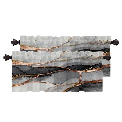 BaoNews Marble Texture Black and Gold Silver Kitchen Valances for Windows,Luxury Abstract Fluid Blackout Valances Curtains Multilayer Polyester Drapes for Kitchen Bedroom 2 Pack 52X18 Inches