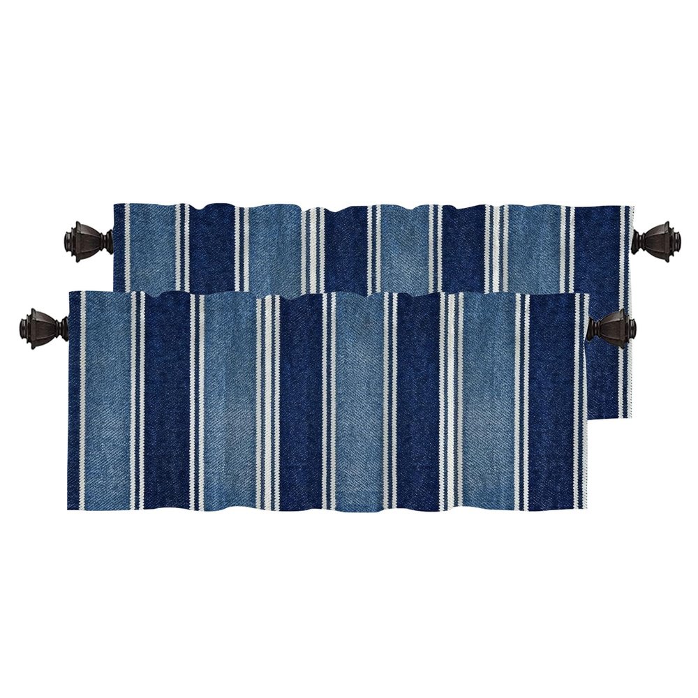 BaoNews Striped Blue and White Kitchen Valances for Windows,Colorful Striped Fabric Blackout Valances Curtains Multilayer Polyester Drapes for Kitchen Bedroom 2 Pack 52X16 Inches