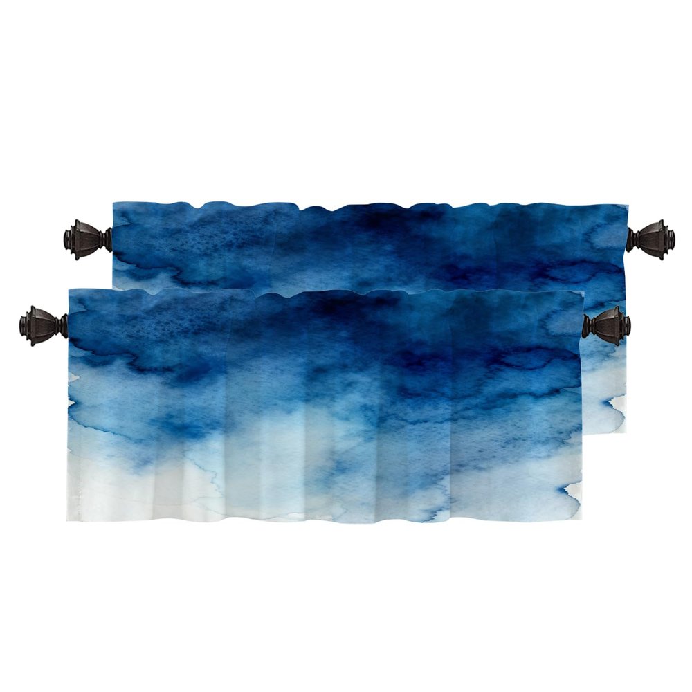 BaoNews Blue Grey Watercolor Ombre Blue Kitchen Valances for Windows, Blackout Valances Curtains Multilayer Polyester Drapes for Kitchen Bedroom 2 Pack 52X18 Inches
