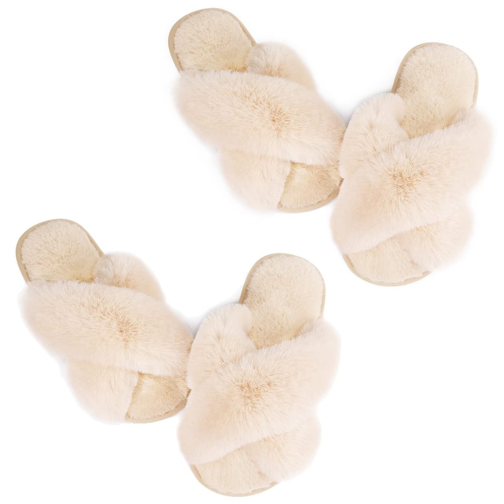 Ankis Women's Fuzzy Slippers Cross Band Open Toe Memory Foam Fluffy Plush House Slippers Indoor Outdoor Cozy Slipper Slides for Wedding Bride Pregnancy