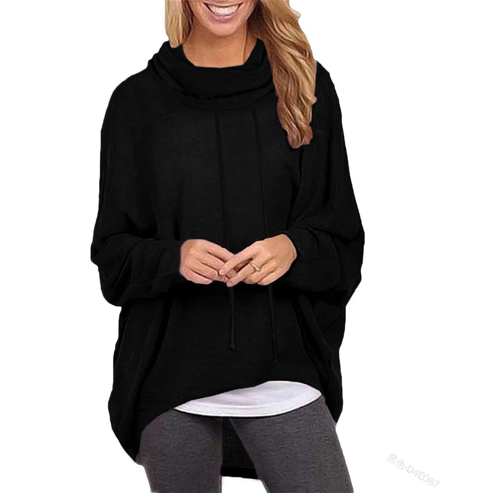 JEsilunmaMY Women's Turtleneck Sweatshirt Bat Sleeve Casual Loose Pullover Tops Solid Color Soft Comfy Sport Sweatshirts (Black,Small)