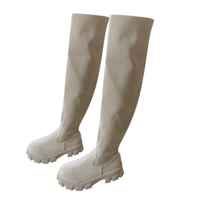 Thigh High Boots For Women Ladies Fashion Casual Stretchy Knit Leather Splicing Round Toe Platform Chunky Bottom High Heels Slip On Over The Knee Long Boots Slouchy Fitted Winter Tall (A-Beige, 8)