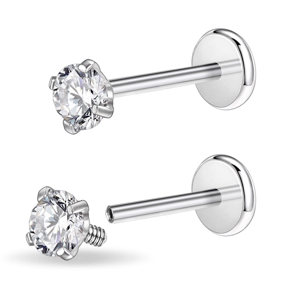 PunkTracker 16g/18g Surgical Steel Internal Thread CZ Stud Piercing Jewelry for Tragus/Nose/Helix/Conch/Medusa/Lip/Labret - Helix Tragus Cartilage Earring for Women Men 2PCS