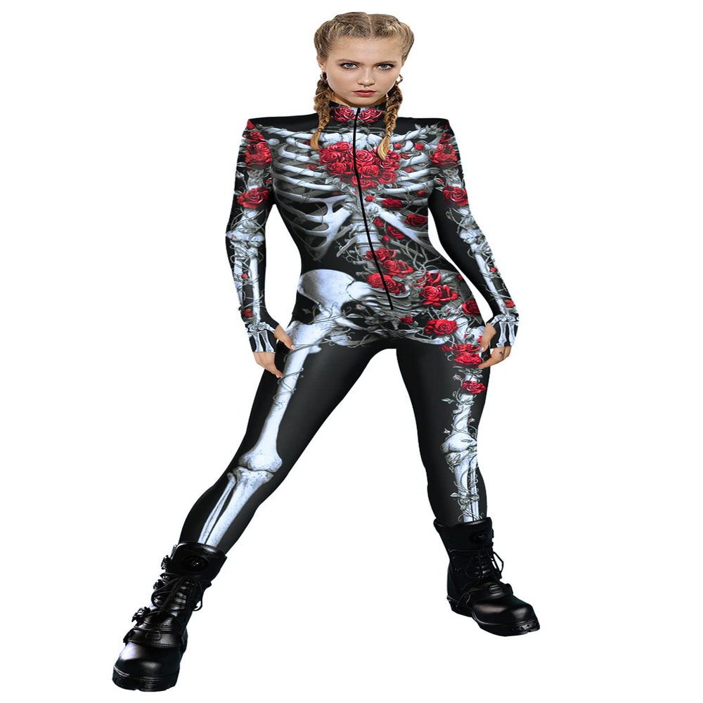 URVIP Womens Halloween Costume Skeleton Print Bodysuit Skinny Catsuit Jumpsuit Red Rose Skeleton M