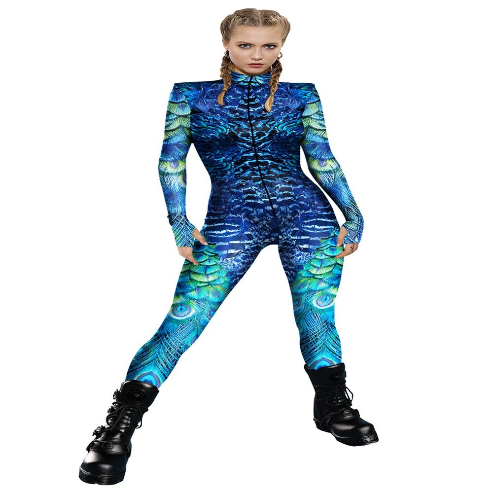URVIP Womens Halloween Costume Skeleton Print Bodysuit Skinny Catsuit Jumpsuit Leopard Peacock Feather XL