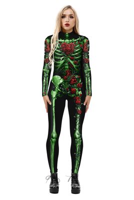 URVIP Women's Skull Skeleton Halloween Costume Jumpsuit Bodysuit Bodycon Outfit Red Rose Green Skeleton M