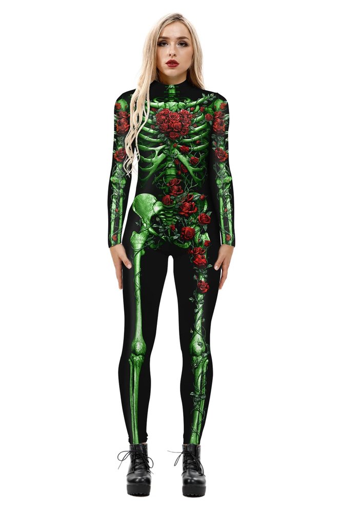 URVIP Women's Skull Skeleton Halloween Costume Jumpsuit Bodysuit Bodycon Outfit Red Rose Green Skeleton M