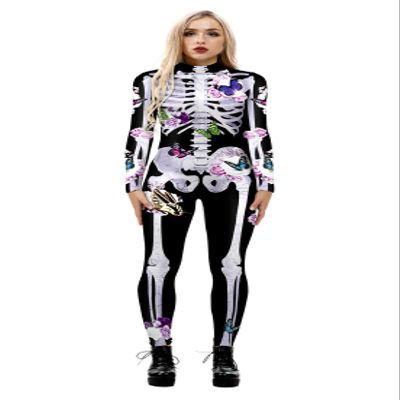 URVIP Women's Skull Skeleton Halloween Costume Jumpsuit Bodysuit Bodycon Outfit Butterfly Flower Skeleton XL