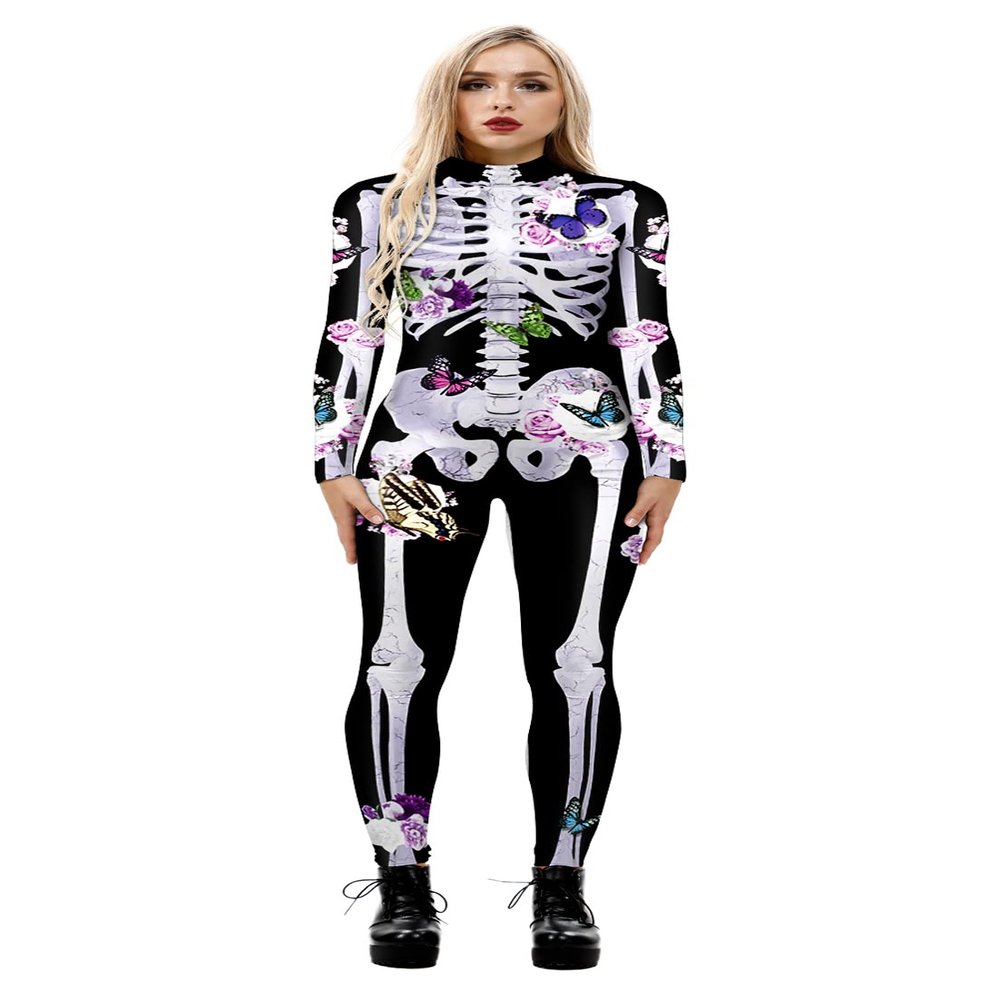 URVIP Women's Skull Skeleton Halloween Costume Jumpsuit Bodysuit Bodycon Outfit Butterfly Flower Skeleton XL