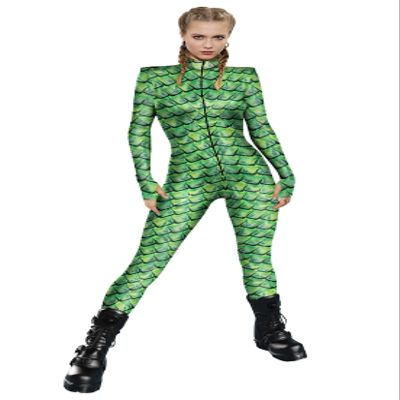 URVIP Womens Halloween Costume Skeleton Print Bodysuit Skinny Catsuit Jumpsuit Green Fish Scale S
