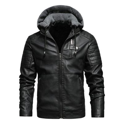 Maiyifu-GJ Men's Faux Leather Hooded Jacket Vintage PU Moto Windproof Hoodie Coat Winter Warm Fleece Lined Motorcycle Jacket (Black,Large)