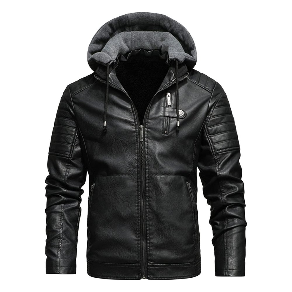 Maiyifu-GJ Men's Faux Leather Hooded Jacket Vintage PU Moto Windproof Hoodie Coat Winter Warm Fleece Lined Motorcycle Jacket (Black,Large)
