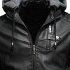 Maiyifu-GJ Men's Faux Leather Hooded Jacket Vintage PU Moto Windproof Hoodie Coat Winter Warm Fleece Lined Motorcycle Jacket (Black,Large) view 3