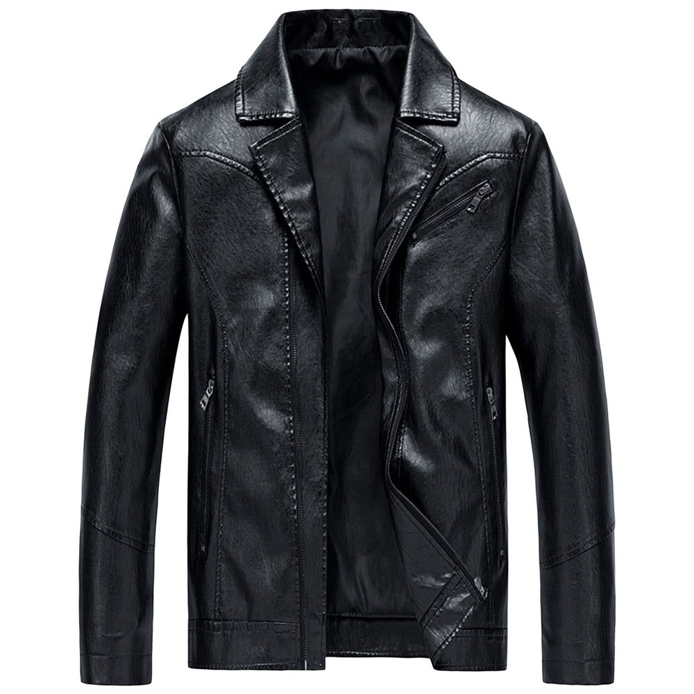 Maiyifu-GJ Men's PU Faux Leather Jacket Notch Lapel Slim Fit Zip Up Biker Jacket Vintage Moto Lightweight Outwear Coat (Black,Medium)