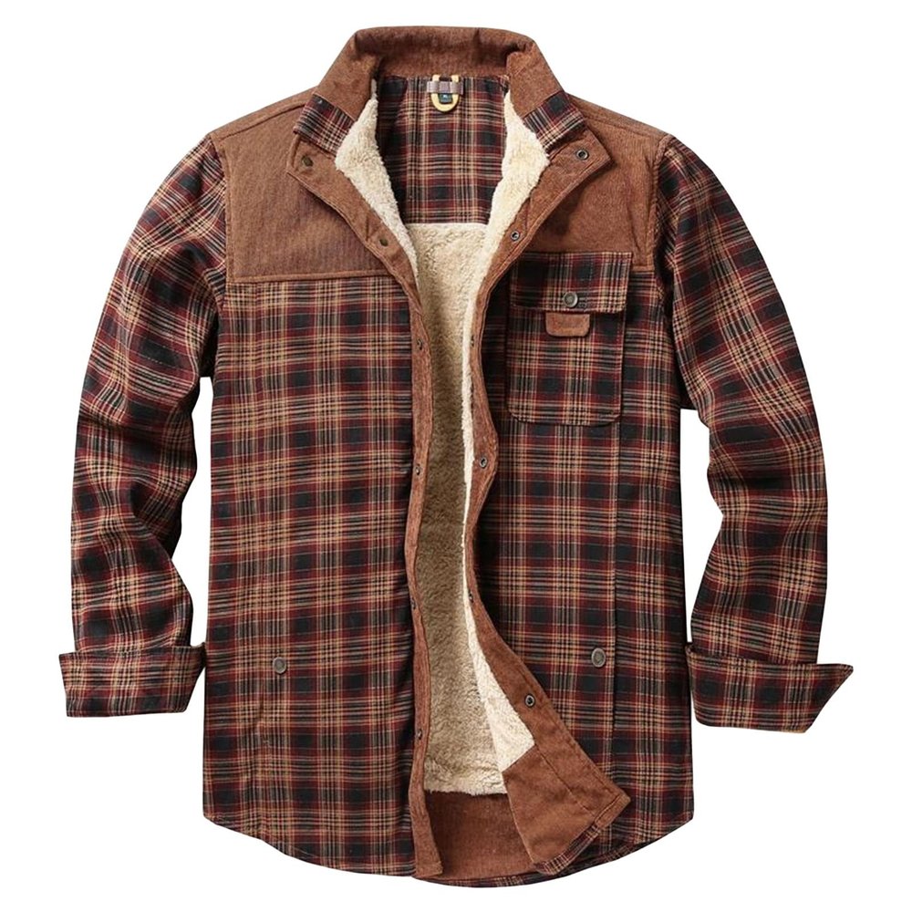 Maiyifu-GJ Men's Sherpa Lined Flannel Shirt Jacket Plaid Long Sleeve Fleece Button Down Shirts Winter Warm Shirt Outerwear (Red,Large)