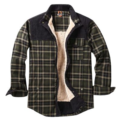 Maiyifu-GJ Men's Sherpa Lined Flannel Shirt Jacket Plaid Long Sleeve Fleece Button Down Shirts Winter Warm Shirt Outerwear (Dark Green,Large)