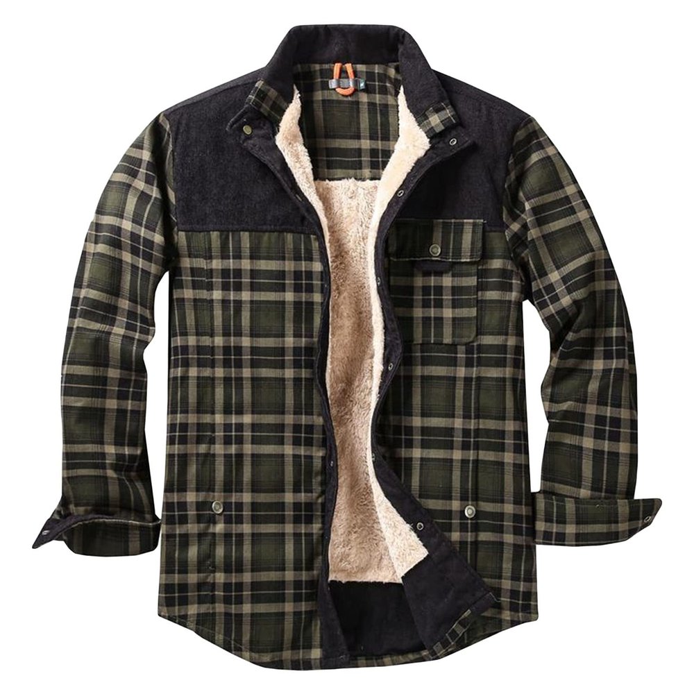 Maiyifu-GJ Men's Sherpa Lined Flannel Shirt Jacket Plaid Long Sleeve Fleece Button Down Shirts Winter Warm Shirt Outerwear (Dark Green,Large)
