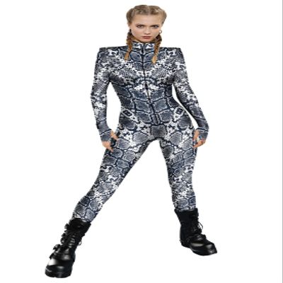 URVIP Womens Halloween Costume Skeleton Print Bodysuit Skinny Catsuit Jumpsuit Gray Black Snakeskin XL