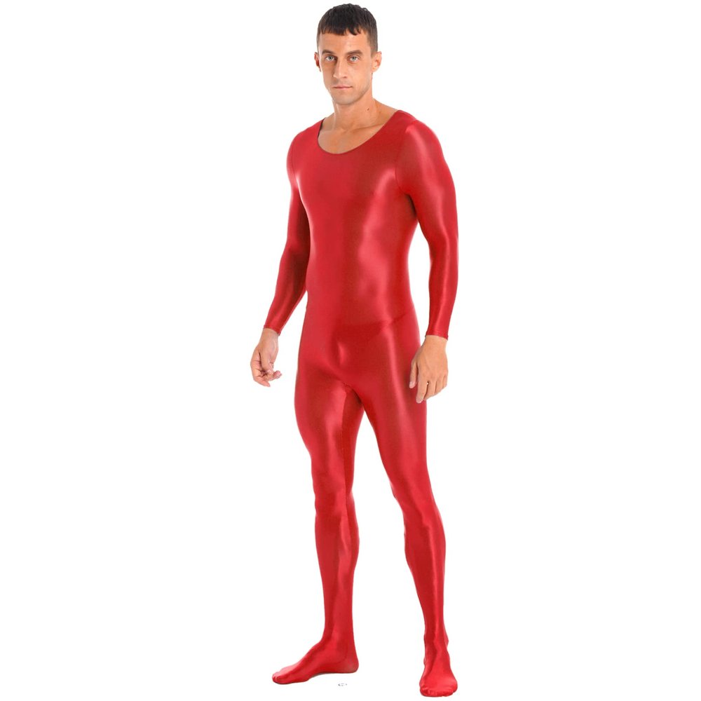 Sxiwei Adult Shiny One Piece Spandex Body Suit Jumpsuit Long Sleeve Round Neck Zentai Costume Catsuit Red X-Large